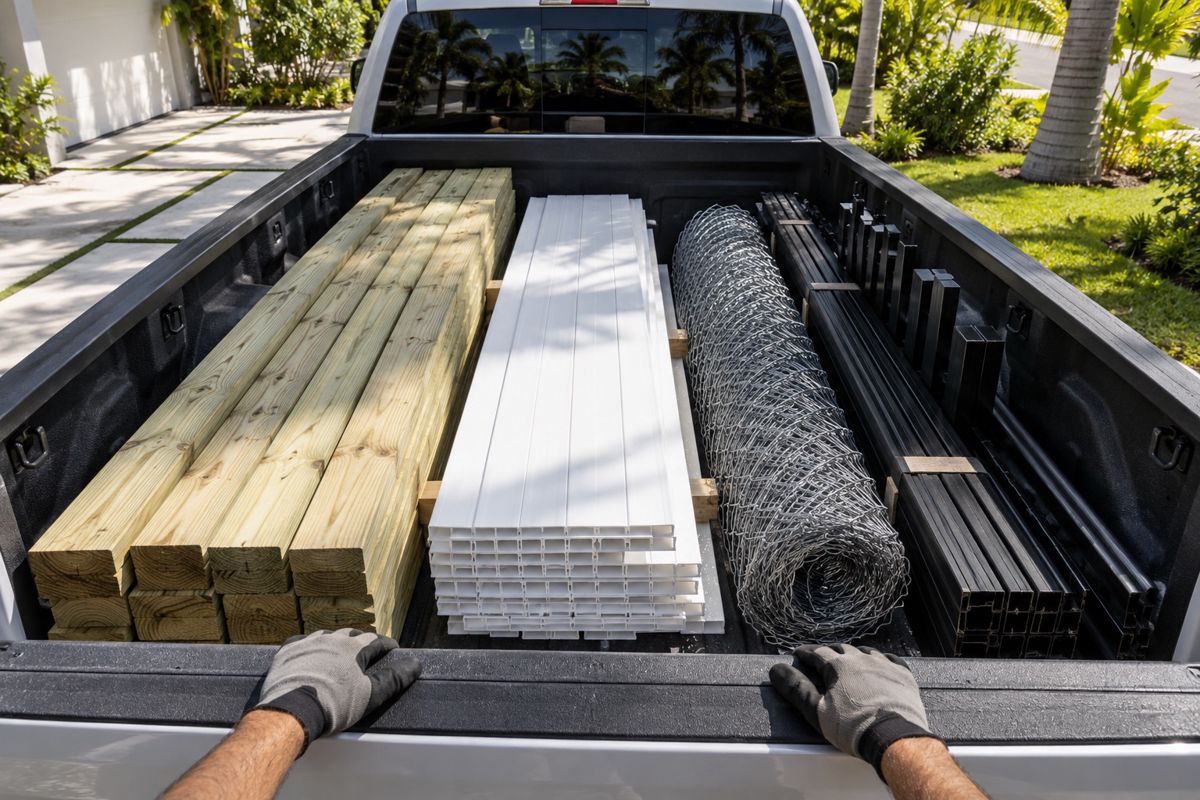 Truck bed loaded with wood, vinyl, chain link and aluminum fence materials