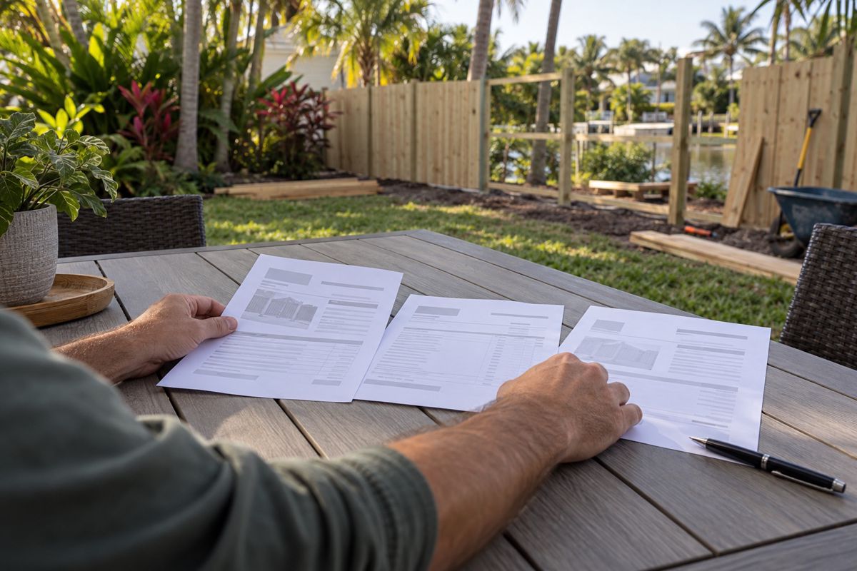 Hands spreading fence quotes on a backyard table beside a new fence line