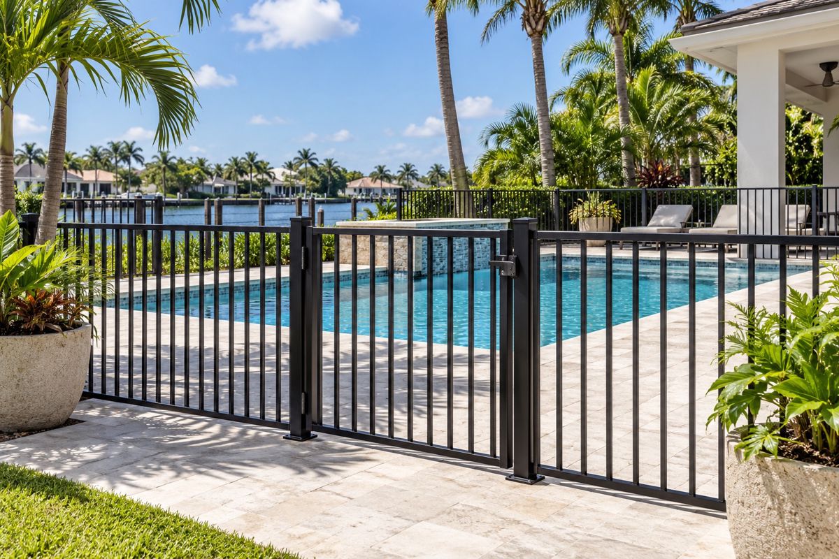Black aluminum picket fence enclosing a backyard pool at a Miami home