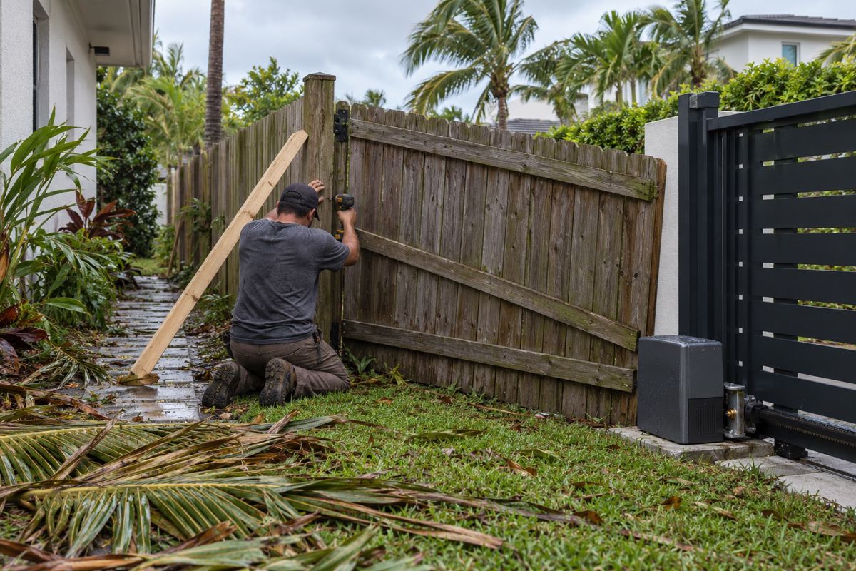 Installer repairing a leaning fence section and sagging gate after a storm