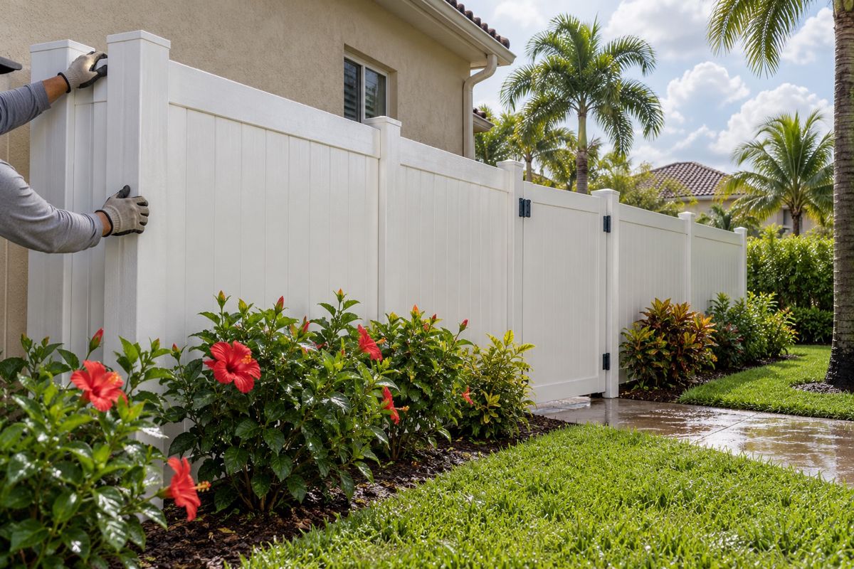 White vinyl privacy fence and gate beside a South Florida stucco home
