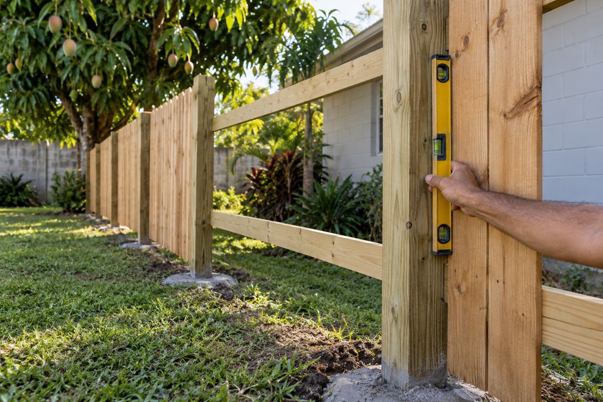 Half-built wood privacy fence with posts set in concrete in a backyard